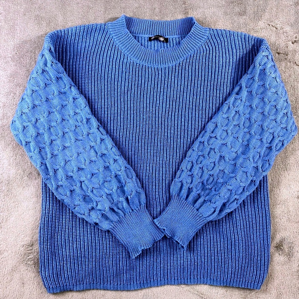 PRETTYGARDEN Sweater Womens XL Blue Balloon Sleeve Honeycomb Cable Knit Ribbed